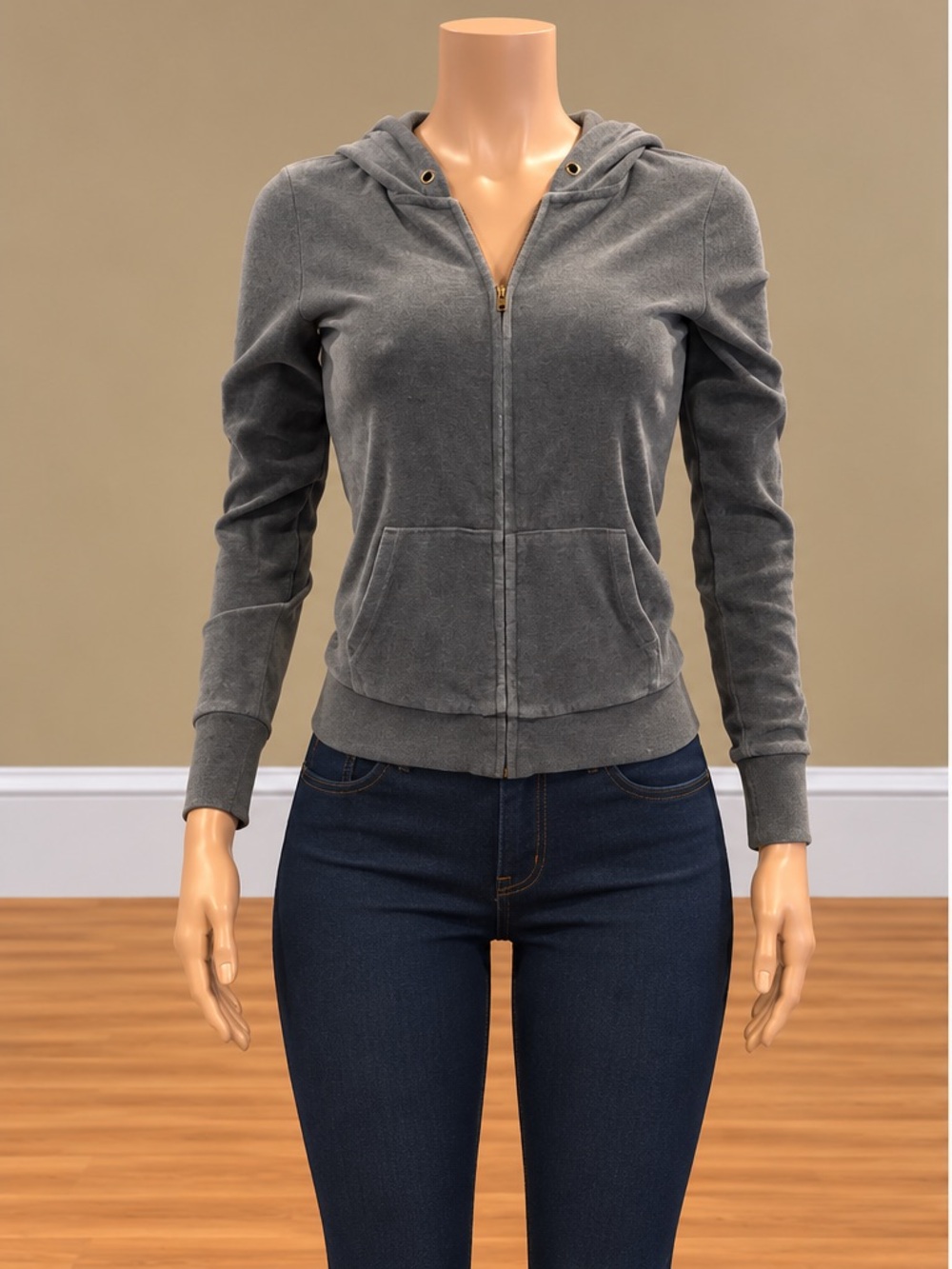 Vintage Y2K Aerie Charcoal Gray Velour Zip Up Hoodie Tracksuit Jacket